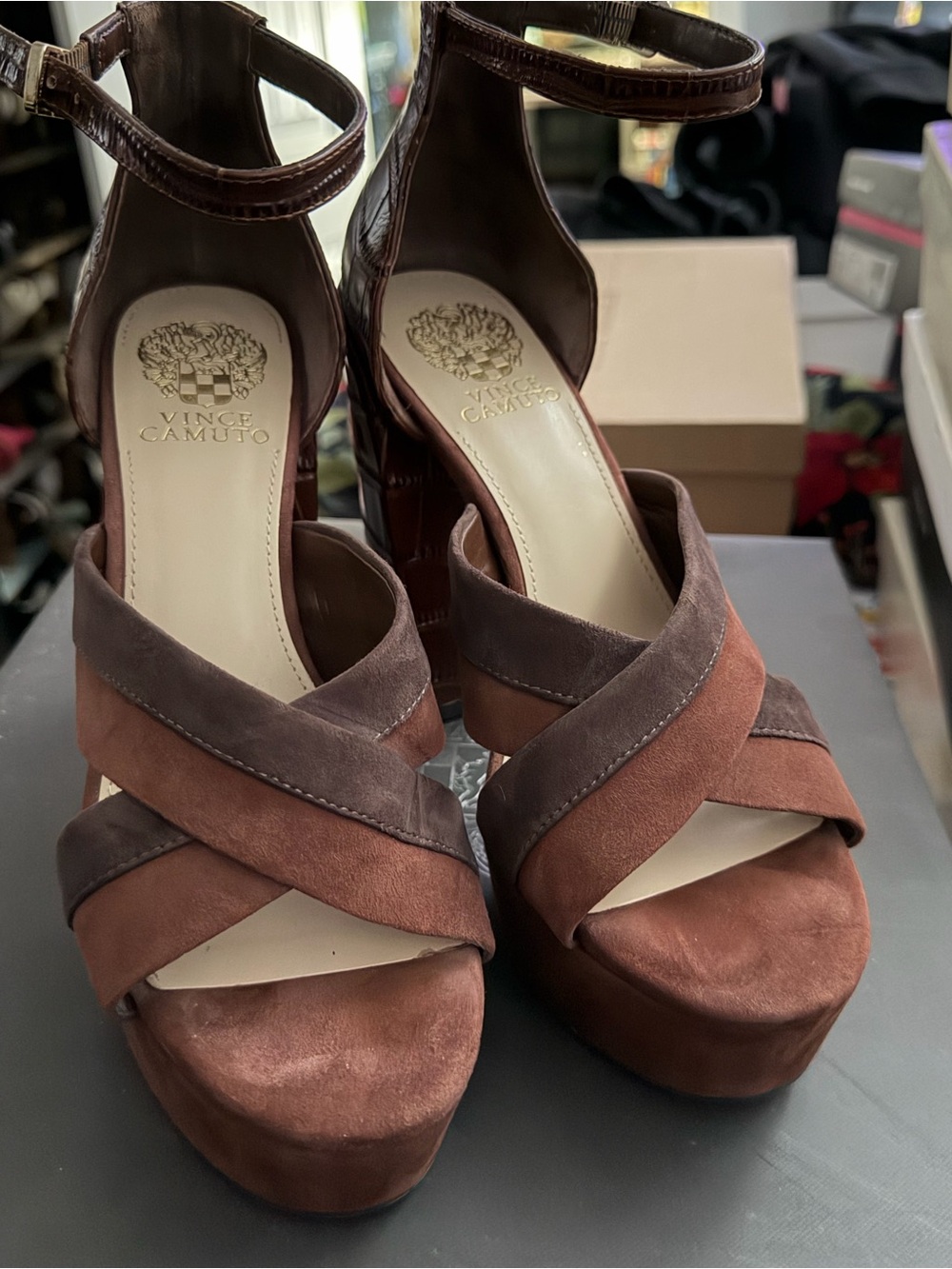 Vince Camuto Brown and Dark Brown Suede Platform Sandals